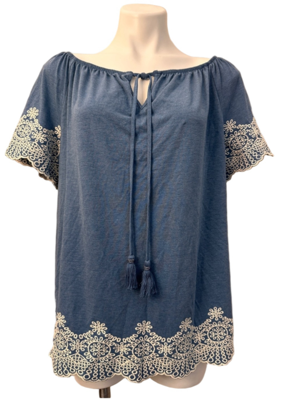 Adrianna Papell Denim Blue Off-Shoulder Tassel Tunic with White Embroidery